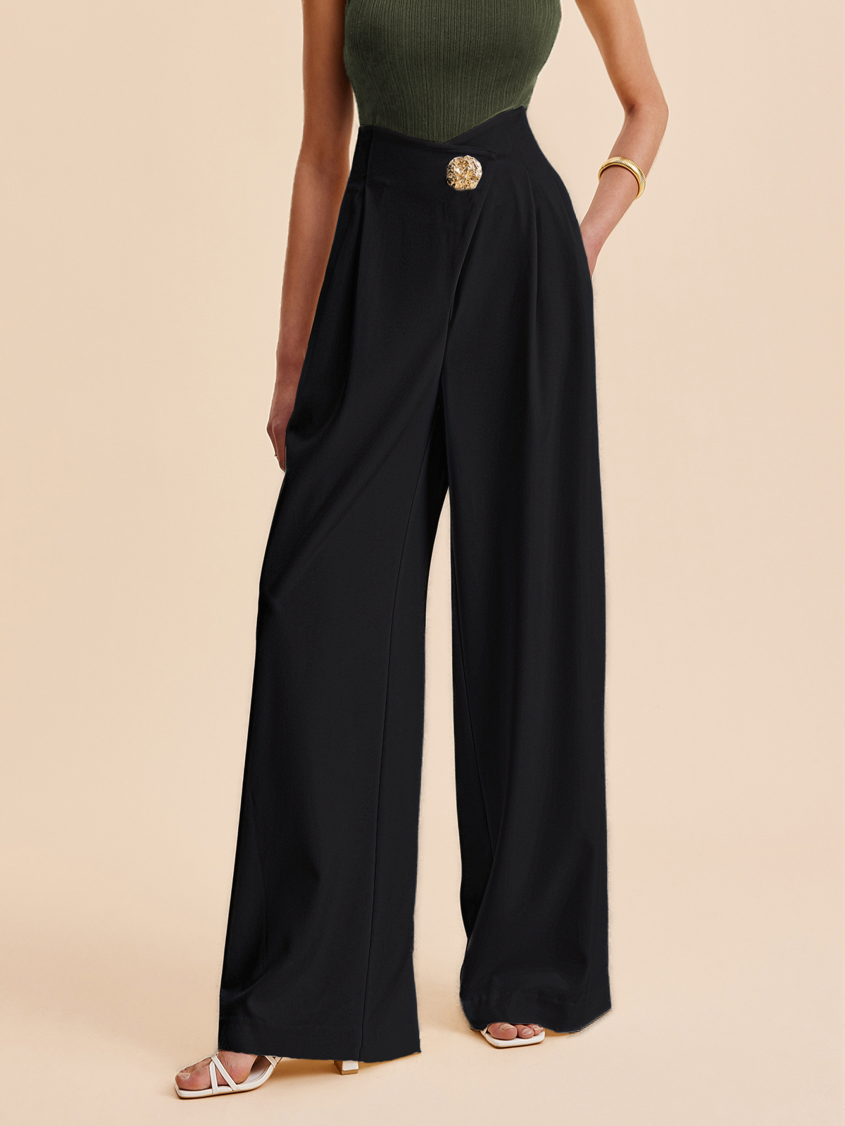 High-Waist Wide Leg Broek met Details