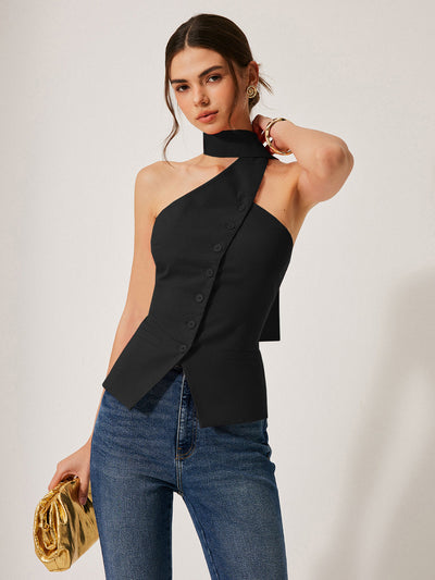 Katoen & Linnen Haltertop met Decoratieve Zakken