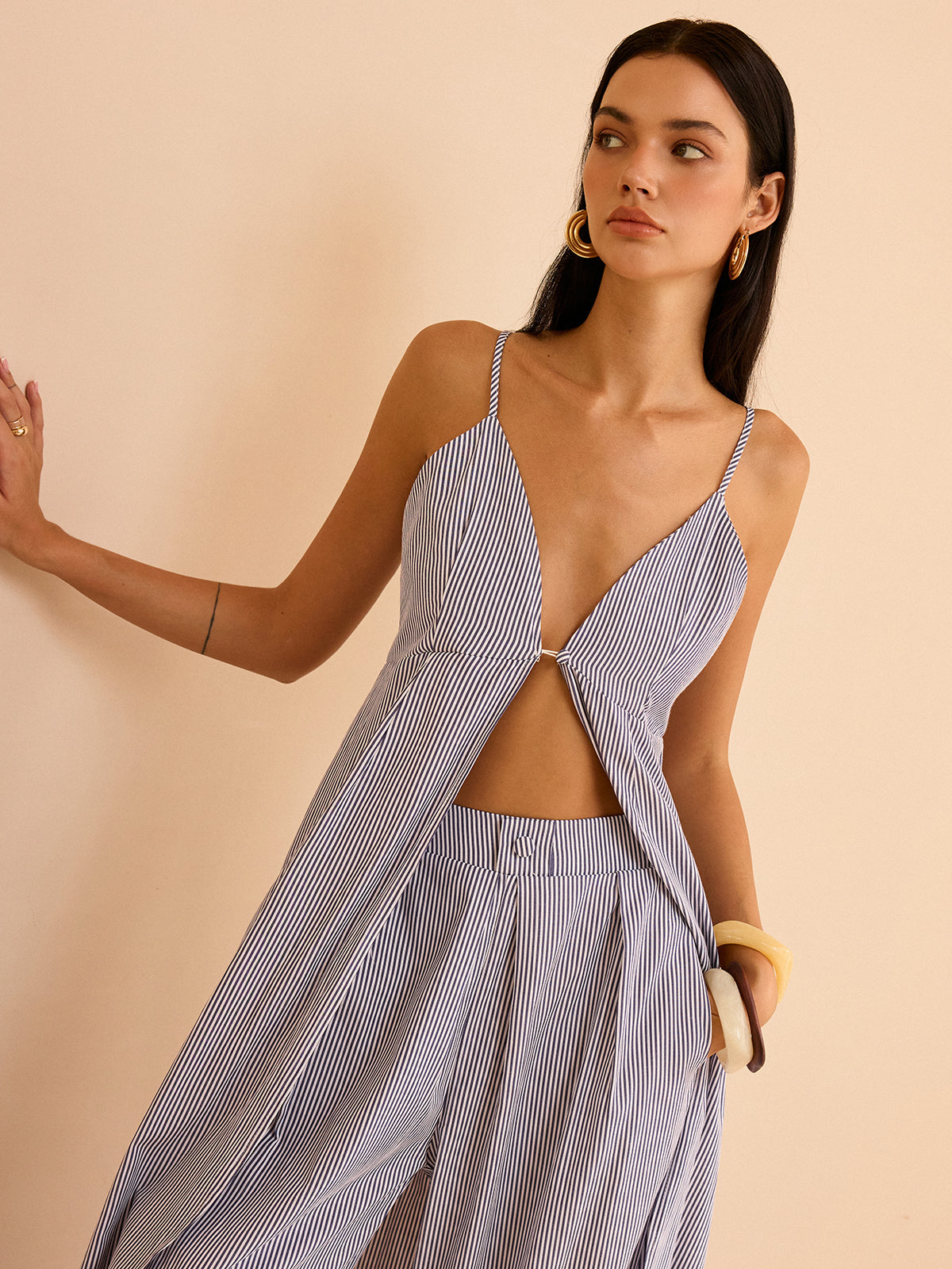 Gestreepte Lange Cami Top & Wide Leg Broek Set