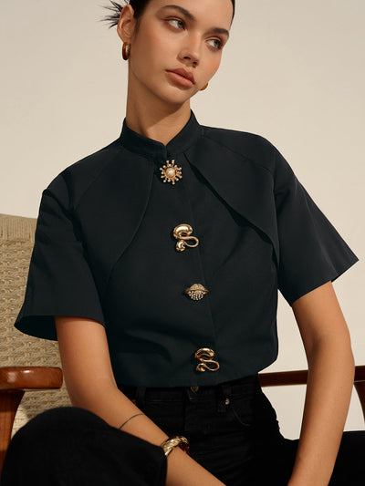 Cropped Blouse met Metalen Details